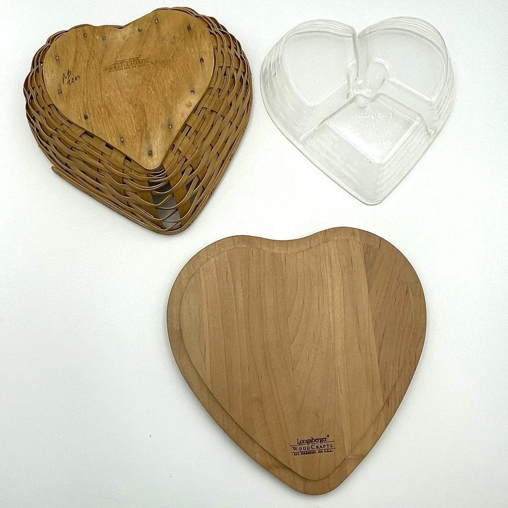Vintage 2004 Longaberger Heart Basket Set With Lid & Protector Woodcrafts USA